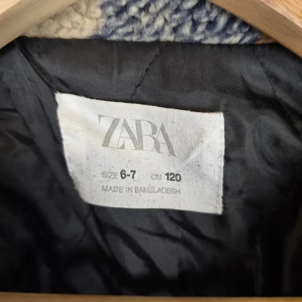 Zara Fleece Overshirt Size 6/7 Brown Navy Sherpa Snap Pockets Lined